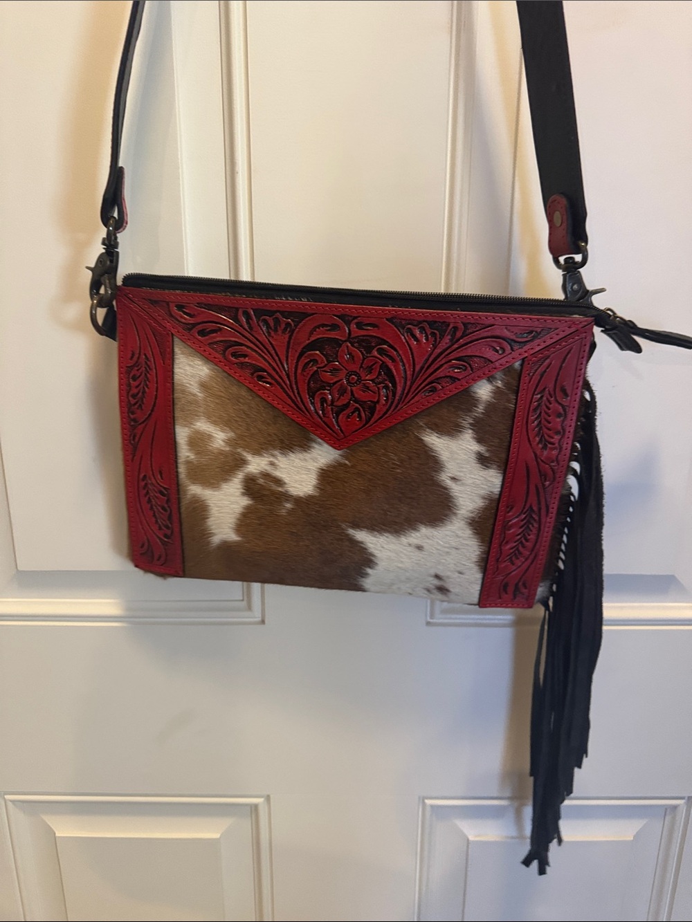 Leather Cowhide Crossbody Bag with Red Tooled Accents